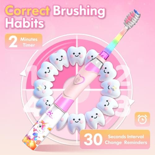Kids Electric Toothbrush 3-5-6-12, Toddler Toothbrush Girls Electric Toothbrush with Timer Rainbow LED Light Up Sonic Battery Powered Junior Childrens Tooth Brush (Unicorn Pink) — view 6