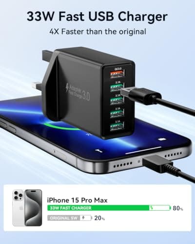 5-Port Multi USB Plug Adapter UK, 33W USB Plug Fast Charger with Quick Charge 3.0 Wall Charger, USB Charger Fast Charging Plug for iPhone 17 16 15 14 13 12 11 Pro Max X XR XS 8 7 6 6s Se, iPad,Samsung — view 3