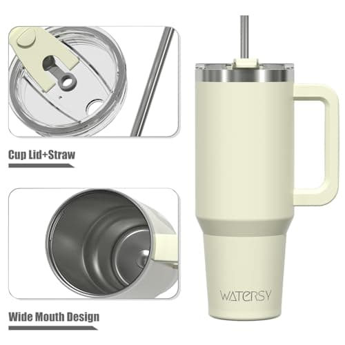 WATERSY Travel Mug Coffee Cup 40oz Tumbler Straw Lid and Handle, Stainless Steel Double Wall Vacuum Insulated Coffee Water Bottle for Cold Hot Coffee 1182ml Cream White — view 3