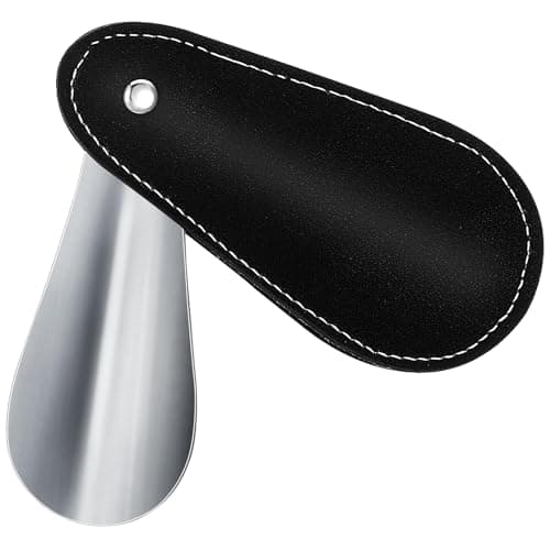 Ymapinc Small Shoe Horn, 3.5 Inch Metal Travel Shoehorn, Mini Shoehorn for Men, Stainless Steel Shoehorns for Men/Women, Portable Shoe Spoon with Leather Case (Black)