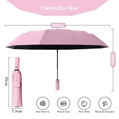 FANSEZQ ANSEZQ Windproof Travel Umbrella - Automatic Open Close, 24 Ribs Heavy Duty Compact Folding Umbrella, UV Protection Rain Umbrella for Men and Women (pink) — view 3