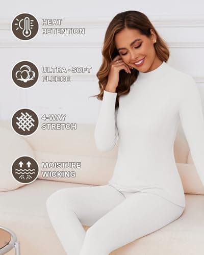 WOWENY Womens Thermal Underwear Set Ultra Soft Turtle Neck Long Johns Sleeved Top Base Layer Warm Tops & Bottoms for Skiing Sport Yoga,White,M — view 5
