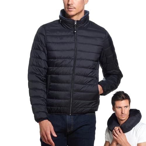 Weatherproof Men's Packable Travel Down Jacket with Alternative Neck Pillow, Down Jacket for Men (S-3XL), Black, M, Black, M