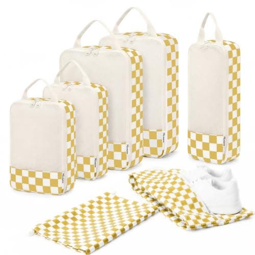 Meowoo 7 Set Compression Packing Cubes for Suitcases, Checker Design