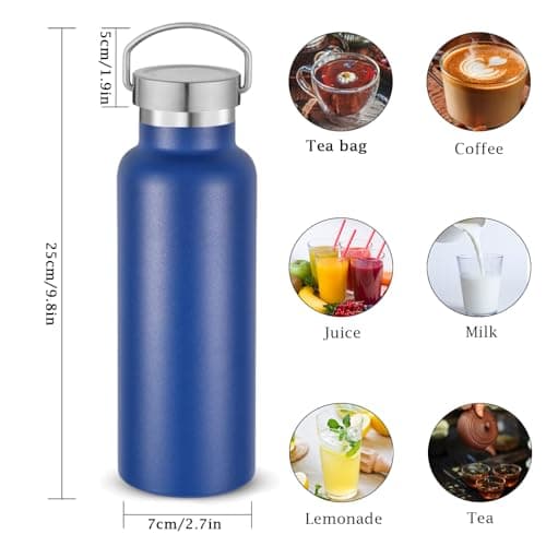 Water Bottle Stainless Steel Insulated 500ml with Leakproof Lid and Handle, Double Wall Vacuum Travel Bottle for School, Hiking, Travel - Reusable Metal Standard Mouth Flask for Everyday Use (Blue) — view 2