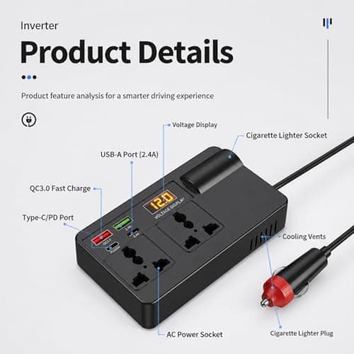 ideallife 200W Car Voltage Converter Inverter,12V/24V to 220V Converter with 2 AC Sockets & 4 USB Ports (PD30W & QC3.0 Fast Charge), Fast Charging Car Voltage Converter Inverter for SUV Van Truck — view 3