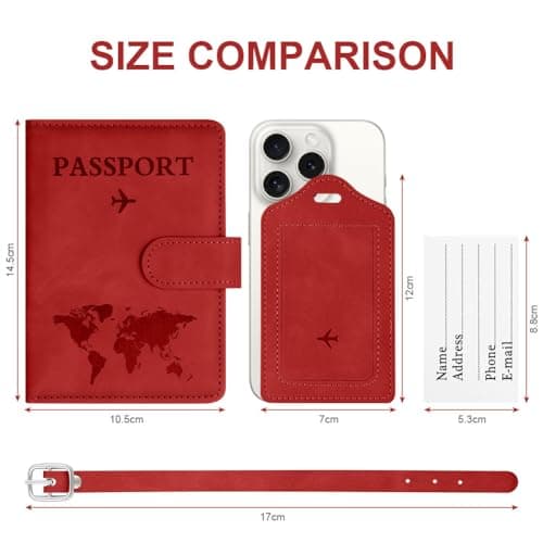 OFFCUP Passport Holder Cover, PU Leather Passport Cover and Luggage Tag Set with RFID Blocking Travel Wallet, Universal Travel Wallet Case Organiser for Money, Boarding Passes, Credit Cards Red — view 2