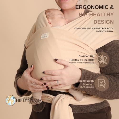 RYLOOBABY Baby Sling Carrier & Stretchy Baby Wrap – Newborn Baby Carrier 3.2–15 kg, Soft Cotton Hands-Free Babywearing Sling, Hip Healthy, One Size XXS–XXXL – Neutral Yellow — view 3