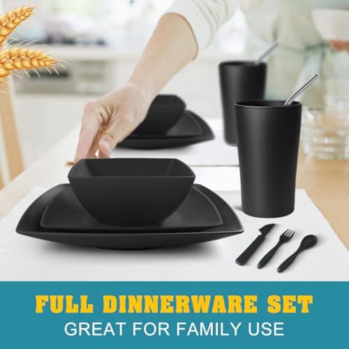 Teivio 44-Piece Kitchen Reusable Plastic Square Dinner Set for 4, Dinner Plate, Dessert/Tidbit Plate, Cereal/Fruit Bowl, Cup, Unbreakable Plastic Plate and Bowl Set, Outdoor Camping Dish, Black — view 5