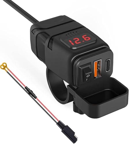 Kriogor Motorcycle Car Charger with QC 3.0 USB Socket and Type-C Port, IP65 Waterproof Dustproof Motorbike USB Adapter with 6-30V LED Voltmeter and On/Off Switch for 12V Boat Marine SUV (Red)