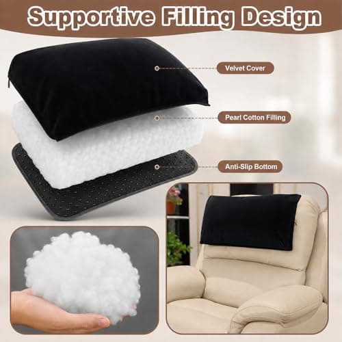 XPJBKC Neck Pillow for Chair, Non-Slip Neck Support Pillow for Sofa, Headrest Ergonomic P-illow for Recliners Armchairs, Velvet N-eck Cushion for Chair with Pocket for Pain Relief and Support(Black) — view 3