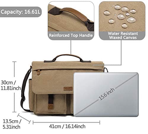 VASCHY Messenger Bag Mens, Vintage Water Resistant Waxed Canvas 15.6 inch Laptop Shoulder Bag Briefcase Satchel with Padded Shoulder Strap and Luggage Sleeve(Khaki) — view 5
