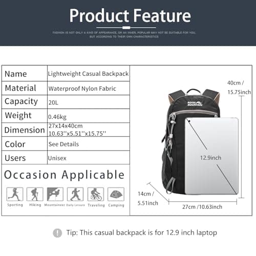 POWER KING Lightweight Hiking Backpack with Rainproof Cover 20L Foldable Travel Rucksack Bag for Women Men Outdoor Casual Daypack for Student, Fit for 14 inch Laptop (Mirror Black, 20L) — view 2