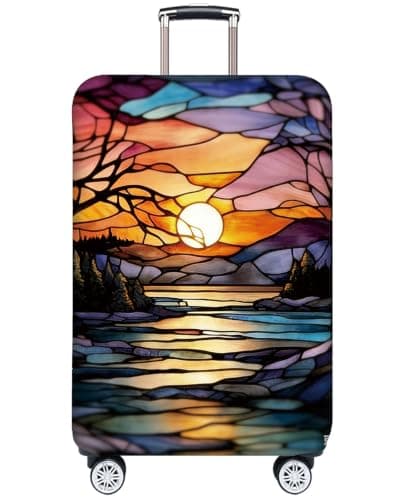 Youth Union 18"-32" Bamboo Fiber Polyester Transparent Suitcase Cover Travel Trolley Case Cover, stained glass evening lake, M(22-25"), minimalism