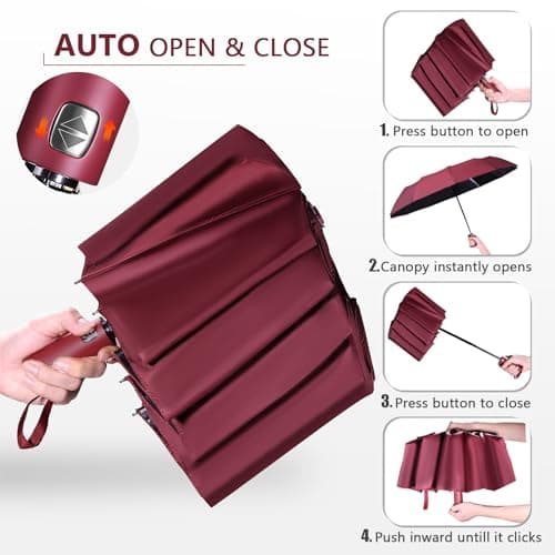 Lychico Windproof Travel Umbrella - Compact, Automatic Folding, 12 Ribs, Wind Resistant for Rain, Portable, Single Hand Use, Small, Light, Strong Backpack Protection, Red — view 4