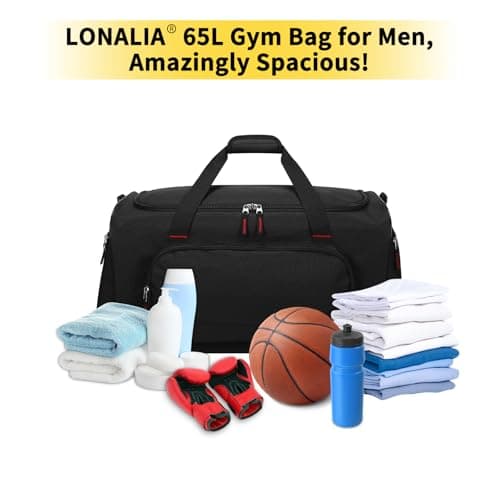 LONALIA 65L Travel Duffle Bag for Men - 24 inch Large Sports Holdall Bag for Overnight Football Weekend (Black) — view 6