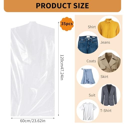 35 Pack Plastic Clothes Covers, Dry Cleaning Bags, Garment Bags 60 * 120 cm — view 2