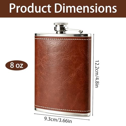 Stainless Steel Hip Flask, 8 oz Flask Alcohol Leak-Proof Portable Pocket Whisky Flasks with Brown Leather Surface for Men & Women Camping, Climbing, Travel and Gifting — view 2