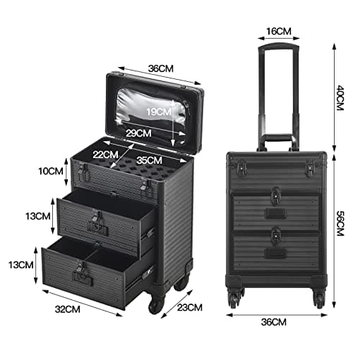 Warmiehomy Makeup Case Makeup Trolley Aluminium Professional Beauty Hairdressing Trolley on Wheels Makeup Organizer Suitcase Cosmetic Storage Box 2 Drawers for Beauty Salon Travel 35*23*49cm（Black） — view 3