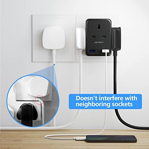 JSVER Plug Adapter USB with 4 Way Sockets 13A Cube Extension Plug Plug Extension Wall Socket Wall Plug Extender for Home, Office Black — view 2