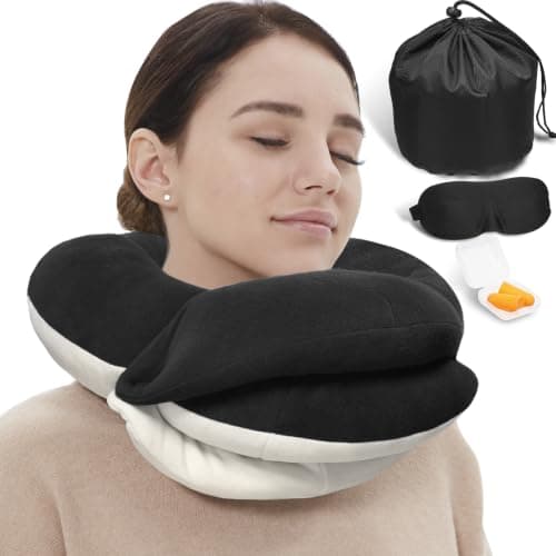 BUYUE Travel Neck Pillows for Airplanes, 360° Head Support Sleep for Long Flight, Skin-Friendly & Breathable, Kit with 3D Contoured Eye Mask, Earplugs and Storage Bag (Adult, Black, 100+ lbs)