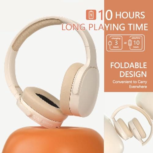YiYunTE Headphones Wireless Bluetooth Over Ear Headphones Noise Cancelling On Ear Headphones Over Head Wired Headphones with Microphone Jack Foldable Headphone Beige Headset for Gaming Gym PC Laptop — view 3
