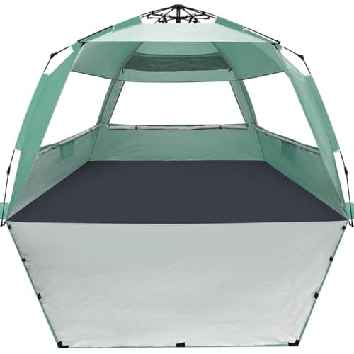 WhiteFang Deluxe XXL Pop Up Beach Tent Sun Shade Shelter for 5-6 Person, UV Protection, Extendable Floor with 3 Ventilating Windows Plus Carrying Bag, Stakes, and Guy Lines (Mint Green)
