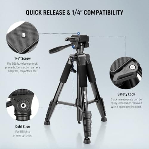 NEEWER BASICS Camera Tripod, 71'' Tripod with Holder Mount Compatible with Camera for Video Recording, Professional Aluminum Lightweight Portable Travel Stand with 3 Way Pan Tilt Head, TP55 — view 6