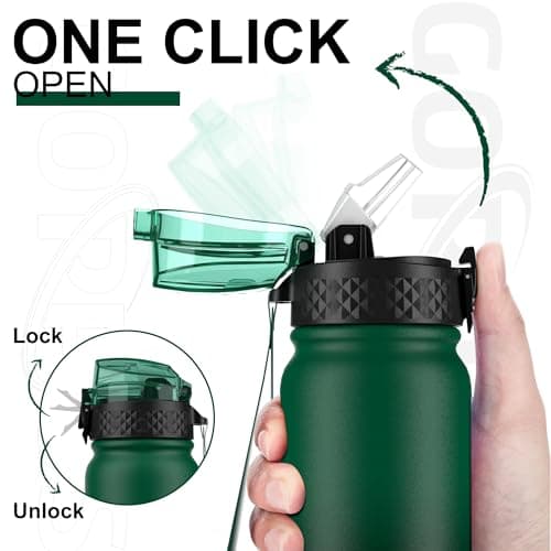 GOPPUS 600ml/20oz Stainless Water Bottle with Straw Double Wall Insulated Bottles with Strap One Hand Open Vacuum Thermal Flask with Flip Top Lid Leakproof Keep Cold Drinks BPA Free (Green Black) — view 2