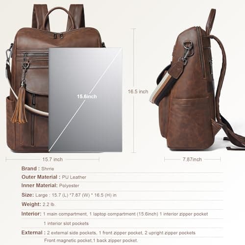 Shrrie Laptop Backpack for Women 15.6 inch,Travel Leather Backpack Purse Nurse Teacher Carry on Backpack,College Business Work Casual Daypack,Crazy Horse Brown01 — view 3