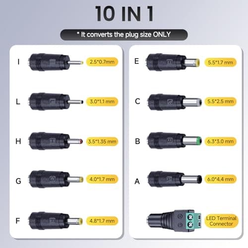 OXZEEWEE 10PCS DC Tip Kit Power Adapter Jack with 5.5x2.1mm Female Base Laptop Plug 2.5x0.7mm/3.0x1.1mm/3.5x1.35mm/4.0x1.7mm/4.8x1.7mm/5.5x1.7mm/5.5x2.5mm/6.3x3.0mm/6.0x4.4mm/LED Terminal Connector — view 2