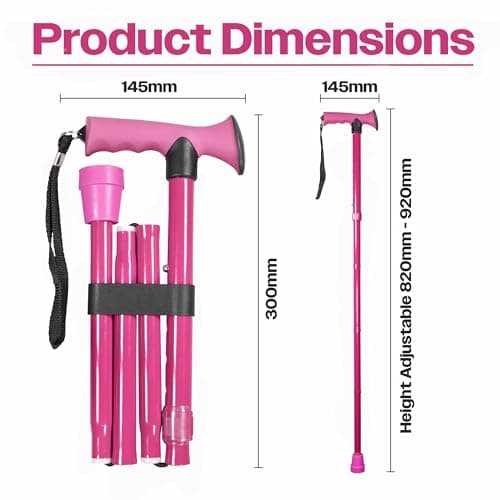Folding Adjustable Walking Stick with Ergonomic Rubber Handle, 5 Height Settings, Lightweight Aluminum, Wrist Strap, and Non-Slip Tip. Compact for Travel. Supports up to 100kg.Pink — view 2