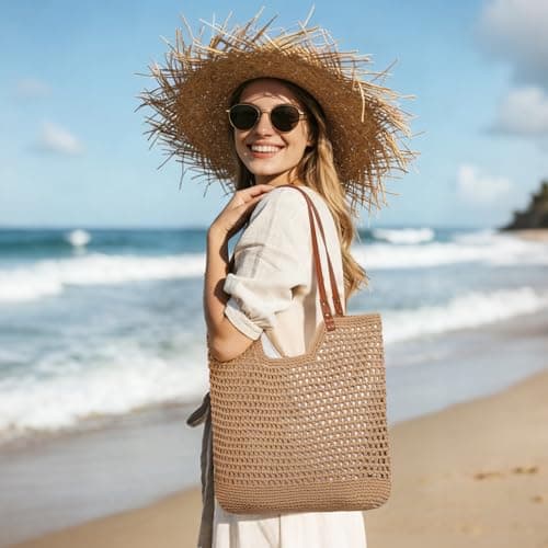 Sightor Crochet Beach Bag, Woven Tote Bag Summer Boho Bag Travel Casual Shoulder Bag for Summer Vacation (Brown) — view 2