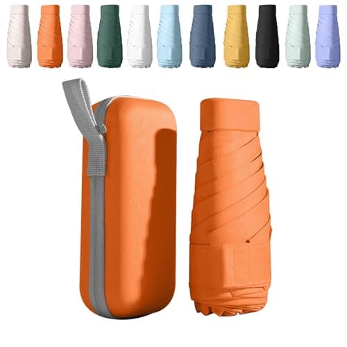 BICUIYIT Mini Folding Travel Umbrella|Pocket Umbrella, Uv Protection & Storage Box | Portable, Compact & Lightweight For Outdoor, Office, Car & Daily Use | For Women, Men & Girls (Orange)