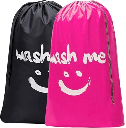 CJWLKJ 2-Pack XL Travel Laundry Bags, Machine Washable Dirty Clothes Organizer, Large Enough to Hold 4 Loads of Laundry, Easy Fit a Laundry Hamper or Basket (Pink+Black, 24" x 36")