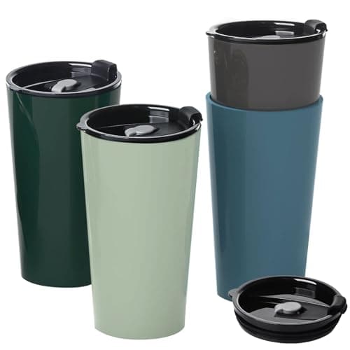 Greentainer Travel Mugs with Lids, Plastic Large Unbreakable Coffee Cups, 600ml Reusable to Go Camping Coffee Tumbler for Cold Water, Beer, Milk, Dishwasher & Microwave Safe, Set of 4