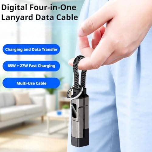 4-in-1 USB C Keychain Charger Cable with Digital Display, 65W Fast Charging Short Braided Data Cord for Type-C/L/USB-A, Portable Multi Charger for Phone Tablet Laptop (Purple) — view 2
