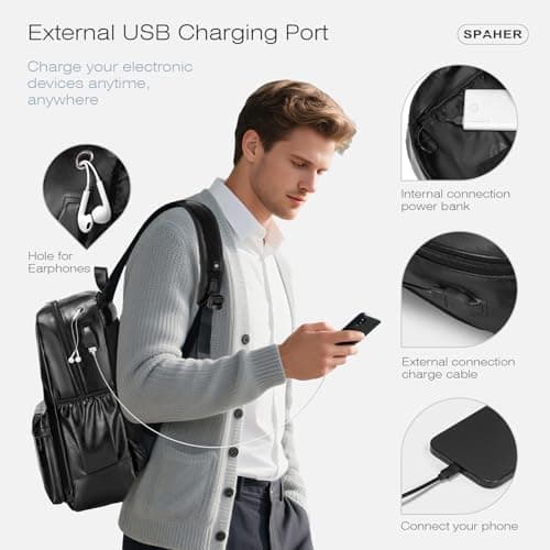 SPAHER Cabin Bag 40x30x20cm Wizzair Vueling PU Leather Travel Cabin Backpack Men Women Waterproof Laptop Backpack 15.6 Inch Rucksack Underseat Carry on Luggage for Flight Airplane — view 3