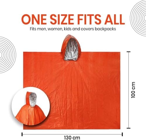 Emergency Survival Poncho (4pc) Thermal Mylar Foil Coating Blanket for Heat Retention and Rain | Reversible with Hood | Waterproof, Windproof, Portable (UK, Numeric, 40, Regular, Regular, orange) — view 3