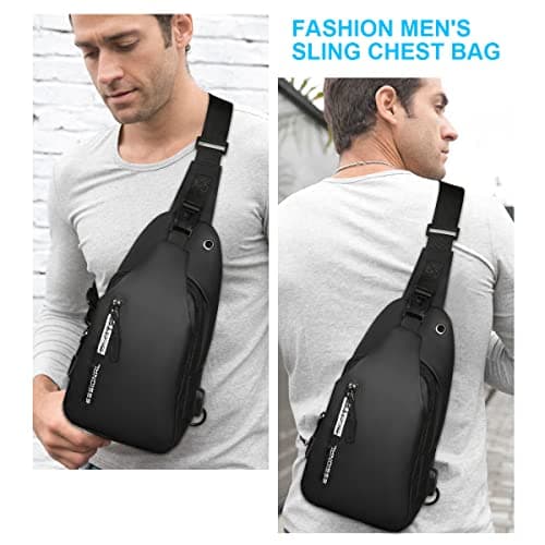 Aucuu Shoulder Bags Chest Bags, Usb Rechargeable Sling Bags, Crossbody Daypacks Small Backpacks, Anti-theft Waterproof Lightweight One Strap Rucksack Messenger Bags for Hiking, (Black) — view 6