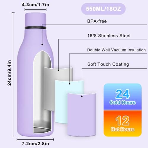 flintronic 550ml Water Bottles with Strap,Double Wall Vacuum Insulated Water Bottles Keeps Drinks Cold 24 Hrs/Hot 12 Hrs|Leak Proof|BPA Free,Stainless Steel Water Bottles for Gym,Hiking-Purple — view 2