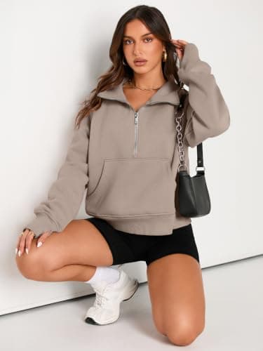 LILLUSORY Womens Loose Fit Sweatshirts Cropped Half Zip Tops Coffee Grey XL — view 4