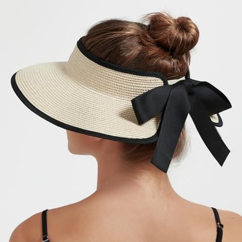 Creekstone Sun Visor Hats for Women Straw Visor Wide Brim UV Protection Packable Summer Beach Hat Ponytail Travel UPF 50+ (UK, Alpha, One Size, Beige with Black Rim) — view 3