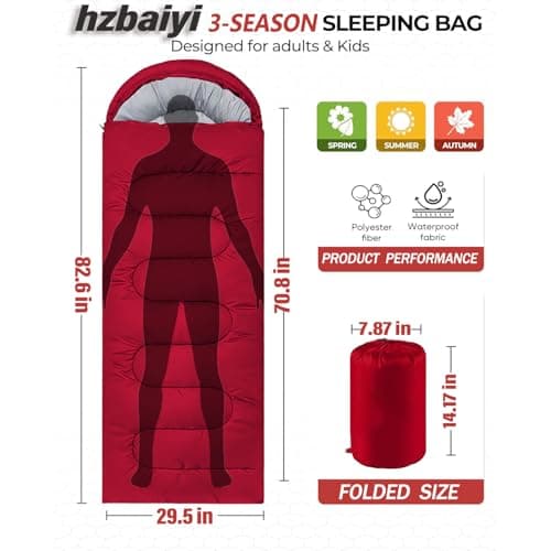 Sleeping Bags for Adults & Kids Sleeping Bag 3 Season, Ultralight Carry Bag, Adult Blanket, Lightweight Compact for Outdoor Camping, Travel, Hiking, Indoor & Outdoor Use (Red) — view 2