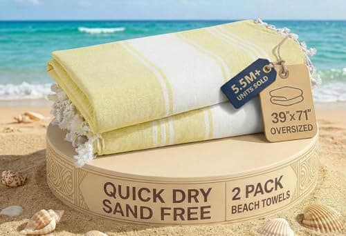 LANE LINEN Oversized Turkish Beach Towels – 2 Pack, 39"x71" Lightweight & Quick Dry Pool Towels, Sand-Proof & Absorbent for Adults, Yellow