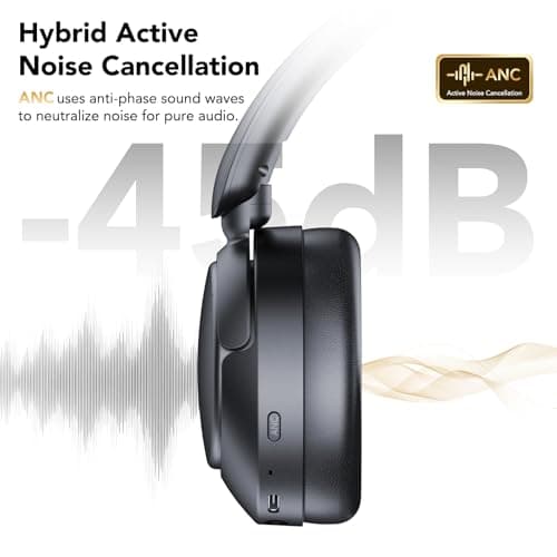 TIMU Active Noise Cancelling Headphones,100H Playtime,Wireless Over Ear Bluetooth Headphones with Deep Bass,Transparency Mode,Clear Calls,Foldable Lightweight for Home/Travel/Commute/Office,Black — view 2