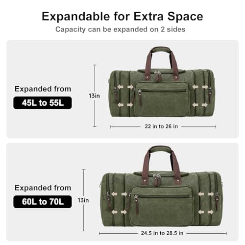 EKOROMIER 55L Canvas Travel Duffel Bag for Men – Expandable Weekender Holdall – Cabin Size Overnight Bag for Gym, Carry-On or Short Trips – Olive — view 4