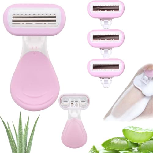Women’s Short Handle Razor Kit with Aloe Vera & VIT E– Reusable Shaver for Underarm, Leg, Arm & Bikini Area, Non-Slip Mini Travel Set for Smooth Hair Removal (Pink 1pice+3 Replacement Head)