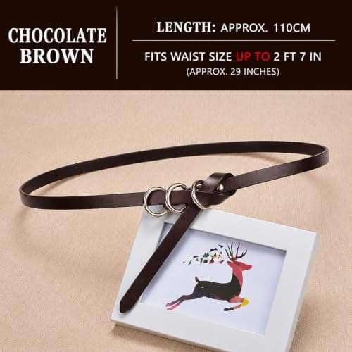 es-uk Women's Skinny Waist Belt, Thin Leather Dress Belt with Gold Triple Ring Buckle, Adjustable Fashion Belt for Dresses, Jeans, Trousers, Blazer & Coat (2601 - Chocolate Brown) — view 4
