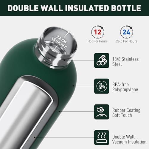 Exllena Insulated Water Bottles 1.5l with Handle Lid and Carabiner, Double Wall Vacuum Drinks Bottle Keeps Drinks Cold 24 Hrs/Hot 12 Hrs, Stainless Steel Water Bottle BPA Free(Emerald Green) — view 3